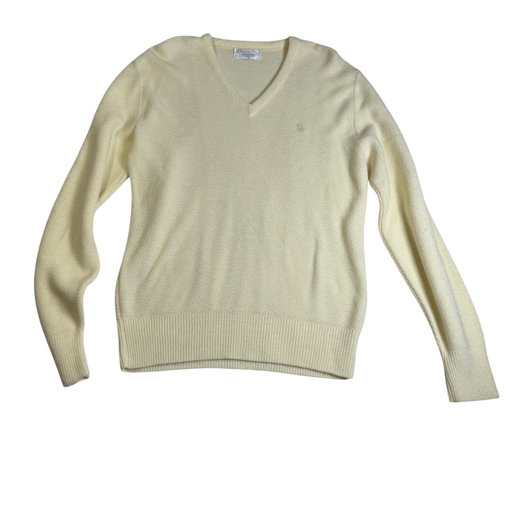 Christian Dior V-Neck Sweater Mens M Yellow Cream Excellent 1980s Vintage Logo